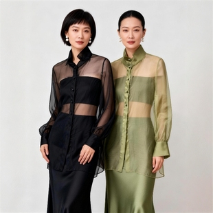 华韵风华·100%桑蚕丝欧根纱衬衫上衣新中式国风女气质高级感高奢