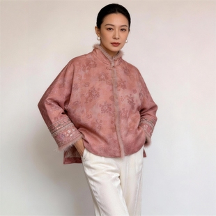 华韵风华·大码女装桑蚕丝水貂毛提花棉服外套新中式女气质高级感