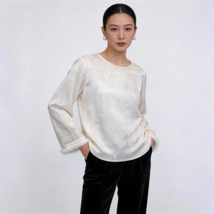 华韵风华·提花衬衫水貂毛新中式国风圆领女上衣套头衫宽松百搭