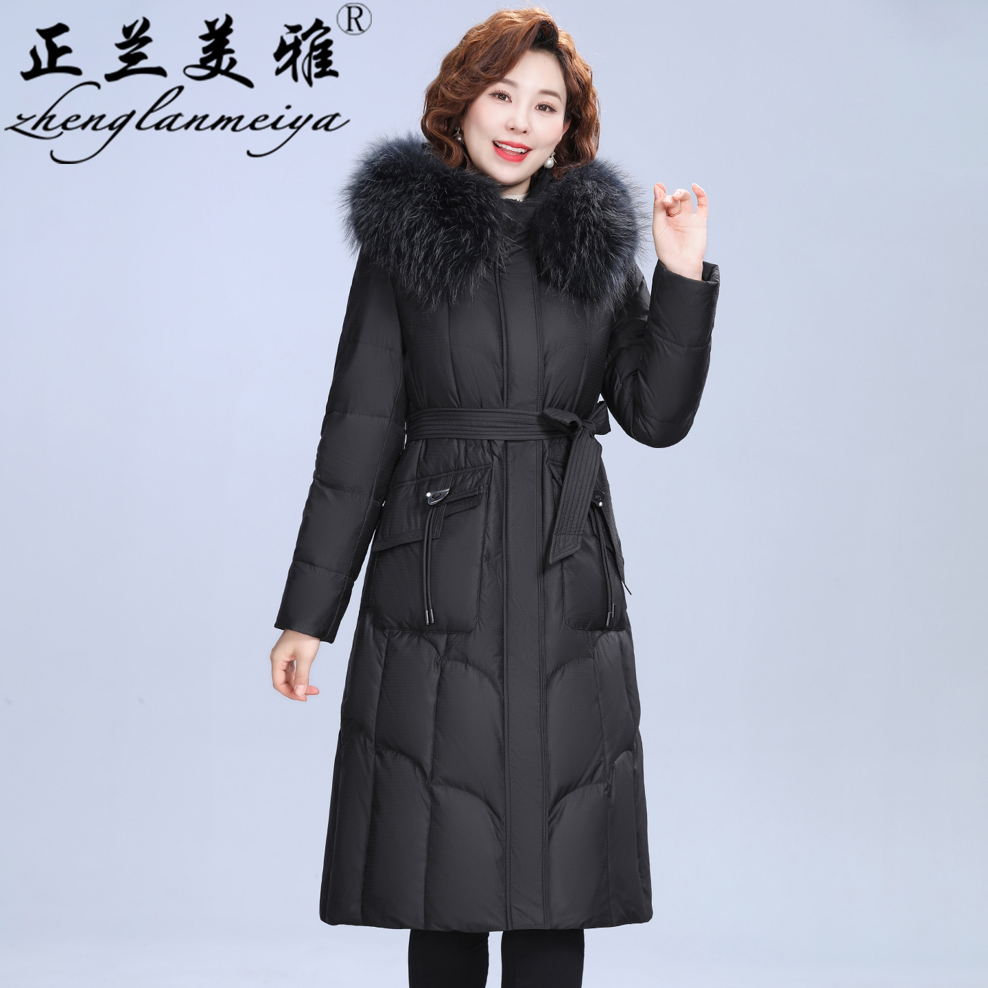 中年妈妈大毛领白鸭绒羽绒服外套