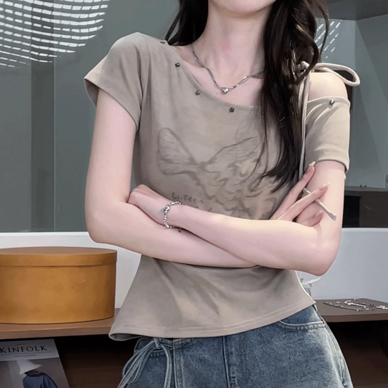 thumbnail for Sweet butterfly print drawstring design short-sleeved t-shirt women's summer new slanted shoulders show figure versatile top