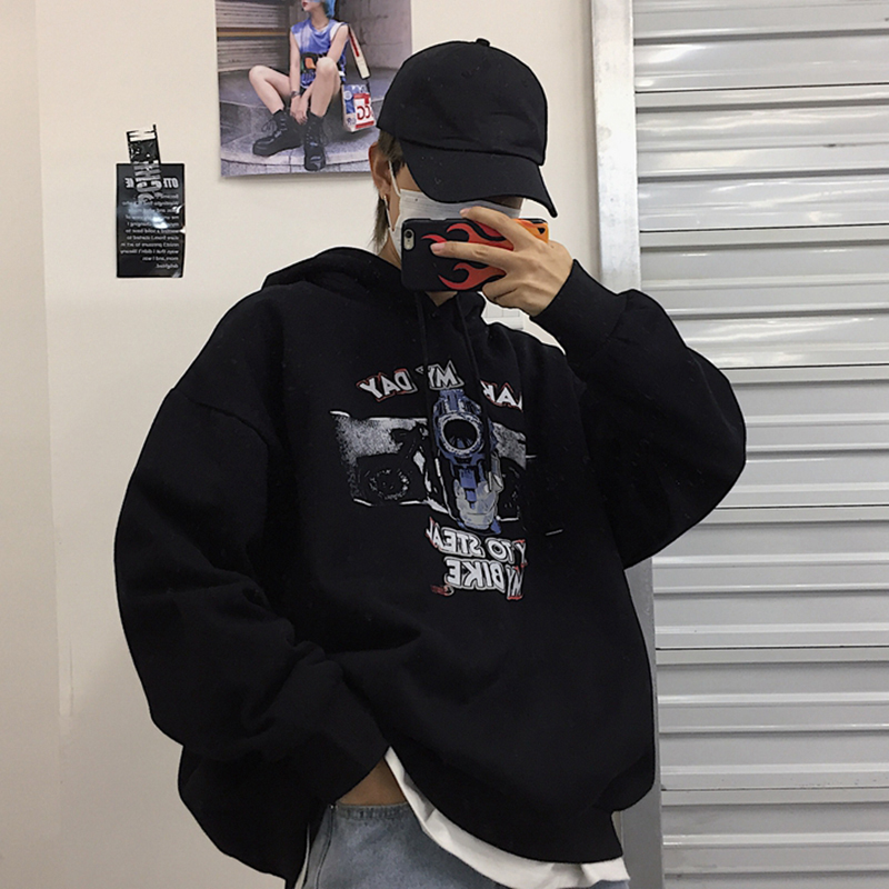 2018冬季新款暗黑系原宿BF风手枪印花宽松加绒加厚连帽卫衣男女潮