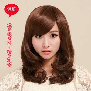 包邮气质蓬松梨花头女式假发 空气斜刘海女士中长大波浪透气卷发