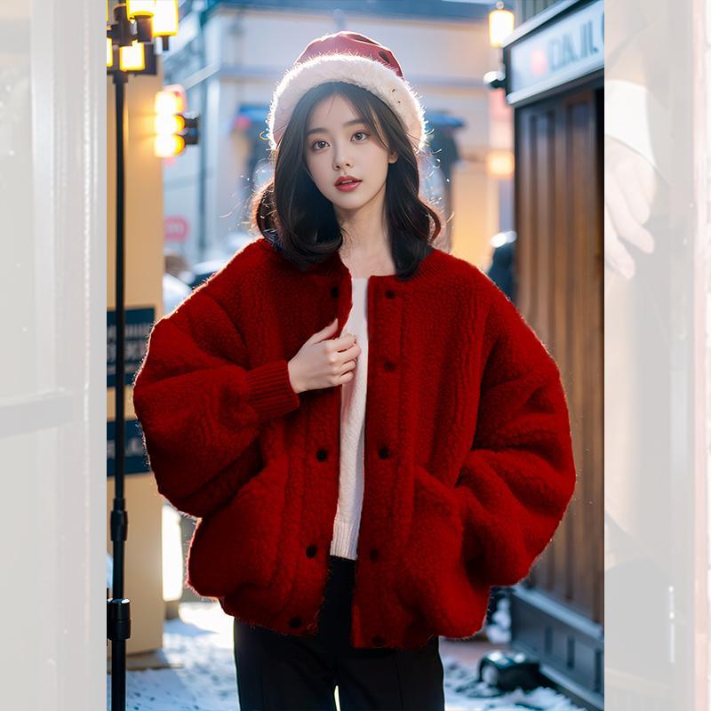 现货红色羊羔毛绒小香风外套女秋冬款新年战袍短款加绒加厚上衣