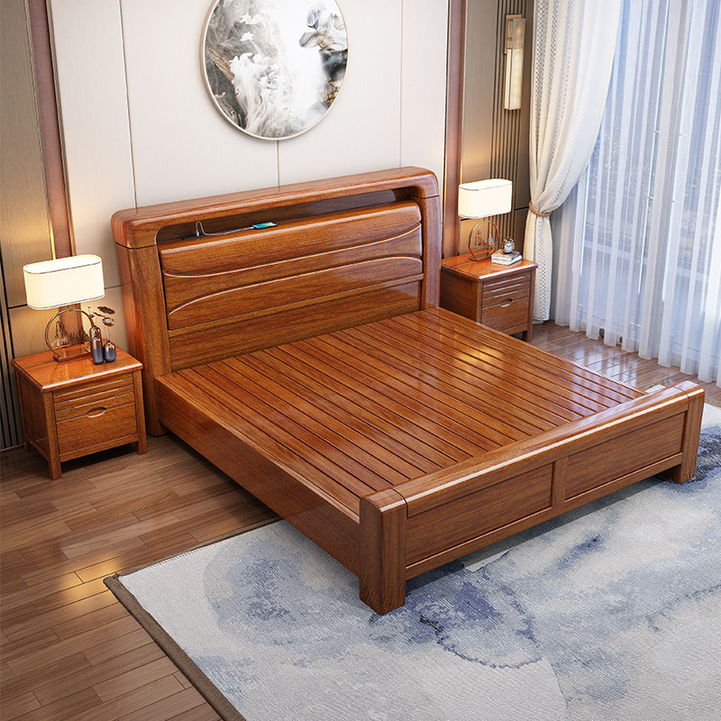 新品桃木实木床1.8胡m全实木现代储简约主卧单双床夜光可物1.人5