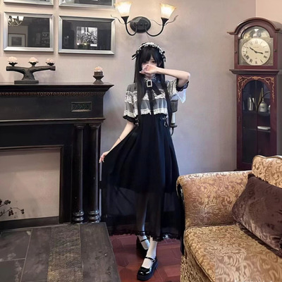 萝莉塔rojita日系学生斗篷短袖夏季女法式长裙蕾丝花边气质连衣裙