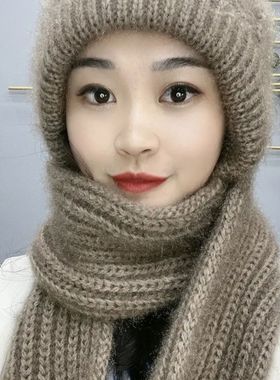 帽子围巾一体加厚风雪帽秋冬新款松鼠绒毛线编织女保暖网红帽