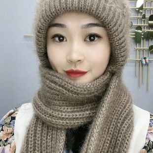 帽子围巾一体加厚风雪帽秋冬新款 松鼠绒毛线编织女保暖网红帽