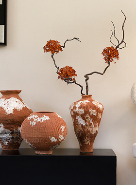 侘寂雅致粗陶复古陶瓷台面花瓶插花现代艺术摆件民宿空间装饰