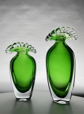 新中式高级感厚重翠绿水滴口荷叶边琉璃花瓶玻璃工艺品摆件水培