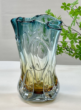 手工现代轻奢双层镂空琉璃厚重花瓶水纹色创意深海气泡样品间花器