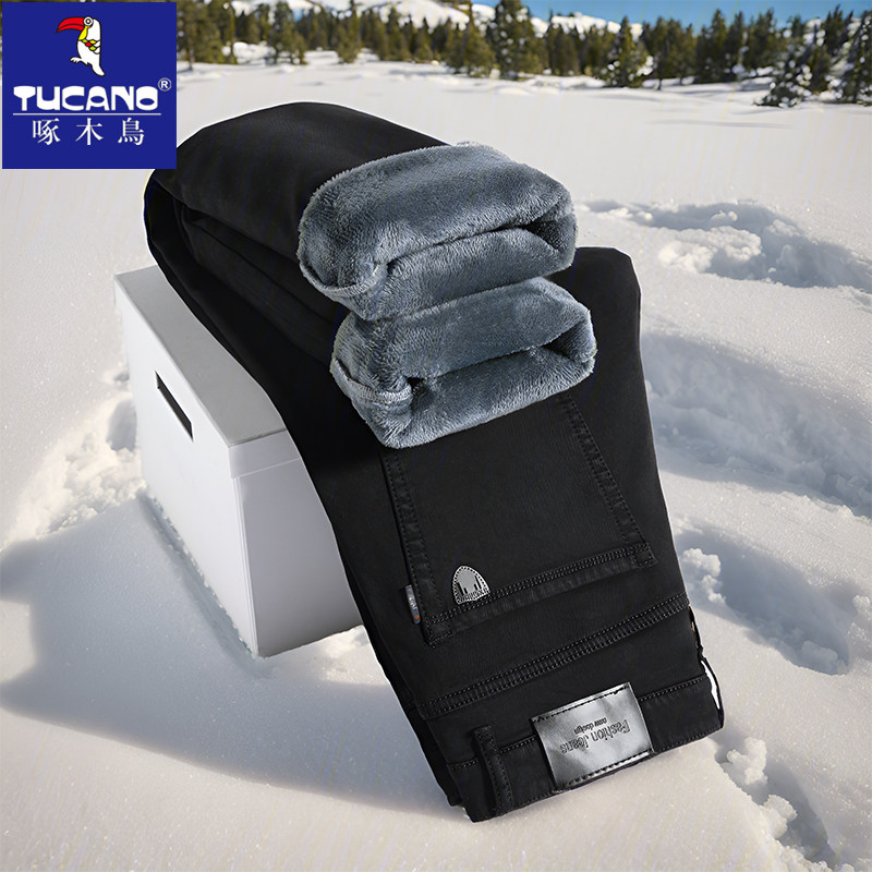 啄木鸟黑色加绒直筒牛仔裤男