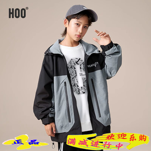 hoo男童中大童时尚拼色连帽外套百搭拉链衫2023秋新潮青少年上衣