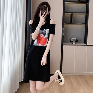 学院风时尚字母印花连衣裙女夏装专柜茶歇裙法式露肩裙子显瘦