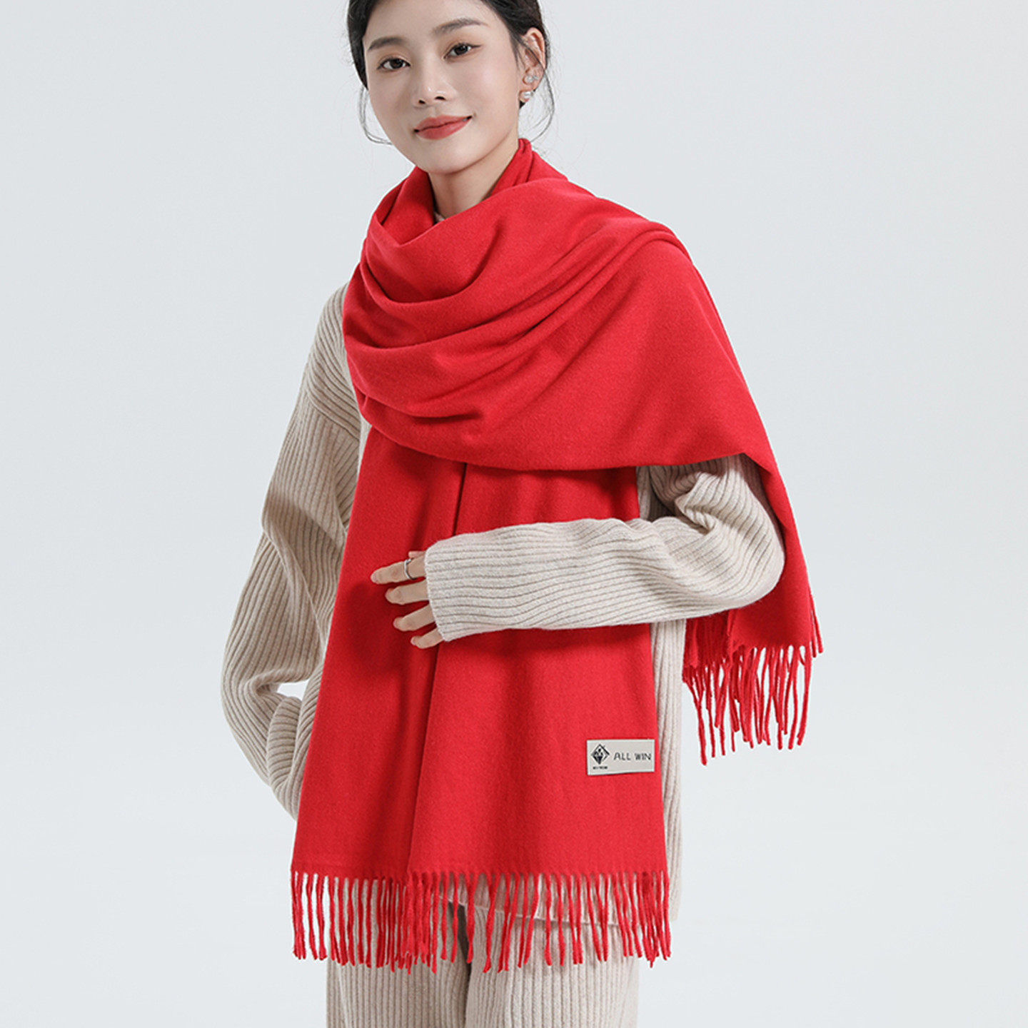 羊毛围巾女冬季加厚保暖纯色长款羊绒披肩韩版百搭大红色粉色围脖
