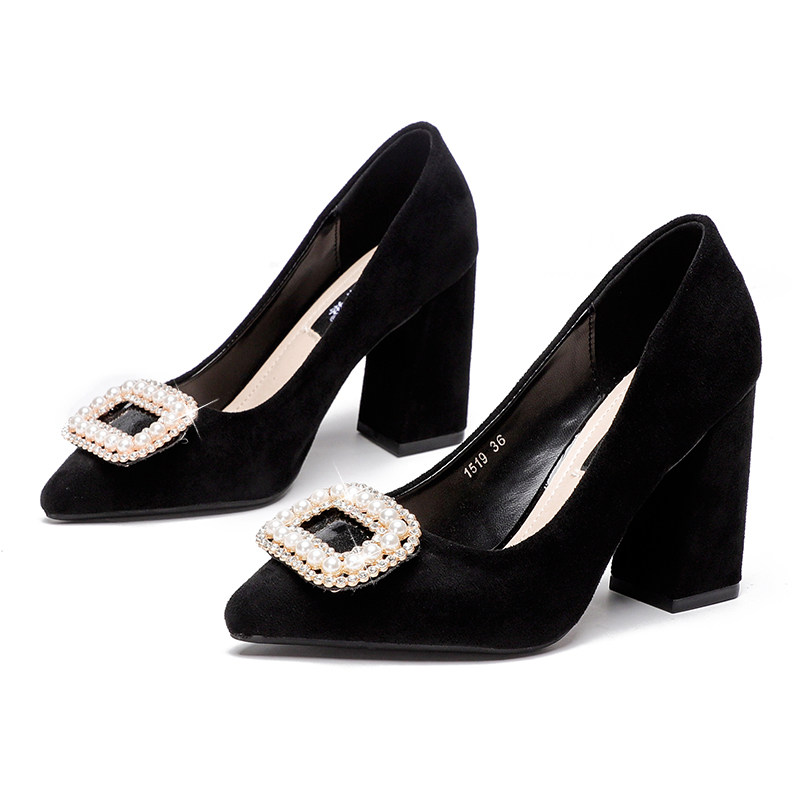 2019 Spring and autumn season new pattern Pearl Rhinestone black High-heeled shoes With crude Middle heel Single shoes lady Occupation Work shoesin the Women's Shoes, Low shoes  category - from Buy2taobao.com to provide professional Taobao agent buy service