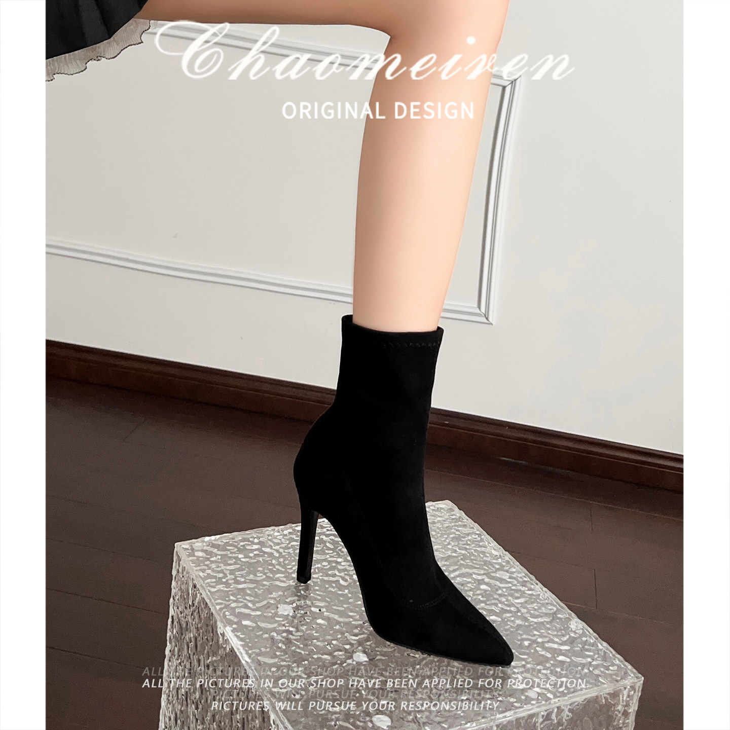 潮美人2025新款黑色弹力瘦瘦袜靴百搭细跟性感尖头显瘦高跟短靴女,女鞋,马丁靴,淘宝优惠券,粉丝福利购,淘宝优惠卷