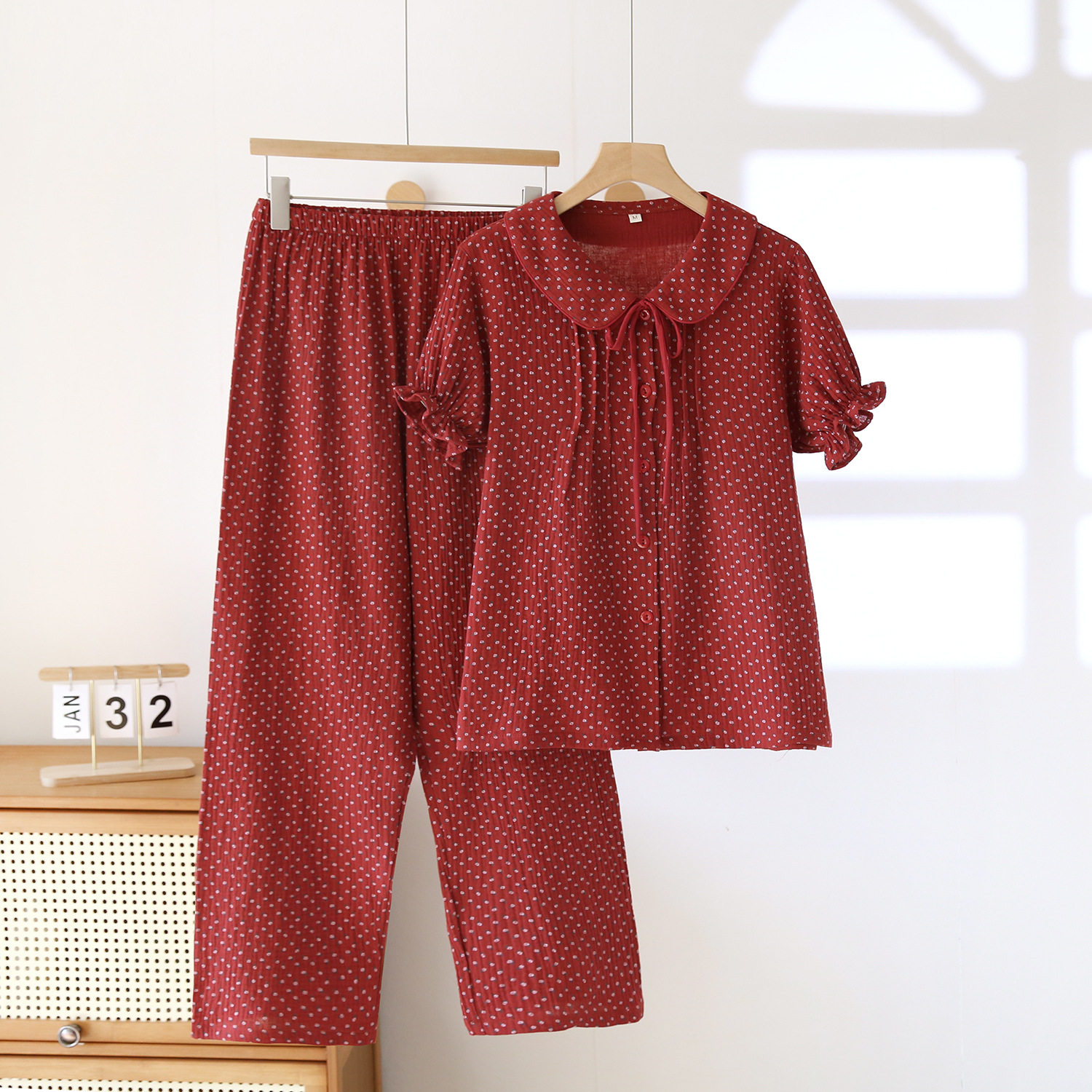 新品酒红碎花棉质睡衣女夏天薄款短袖长裤宽松大码两件套装嘉庆服