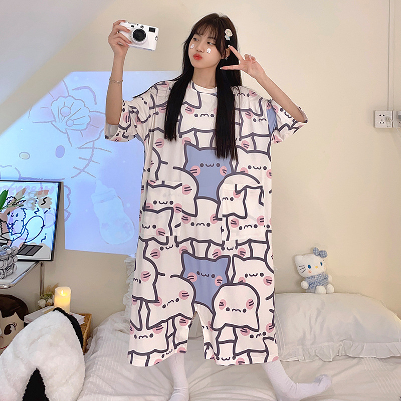 卡通吉伊咔哇连体睡衣女夏冰丝短袖分腿睡衣薄款可外穿可爱家居服