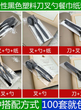 翰庭一次性黑色塑料刀叉套装西餐披萨叉勺纸三件套水果刀叉两件套