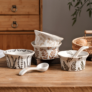 复古粗陶碗甜品碗中式陶瓷碗釉下彩家用商用高颜值饭碗