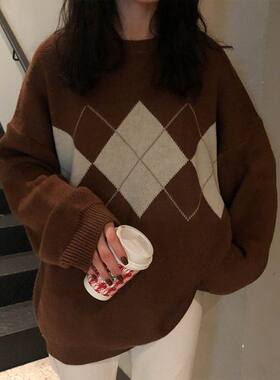 韩系经典菱形格提花针织衫女冬落肩宽松显瘦复古休闲百搭套头毛衣