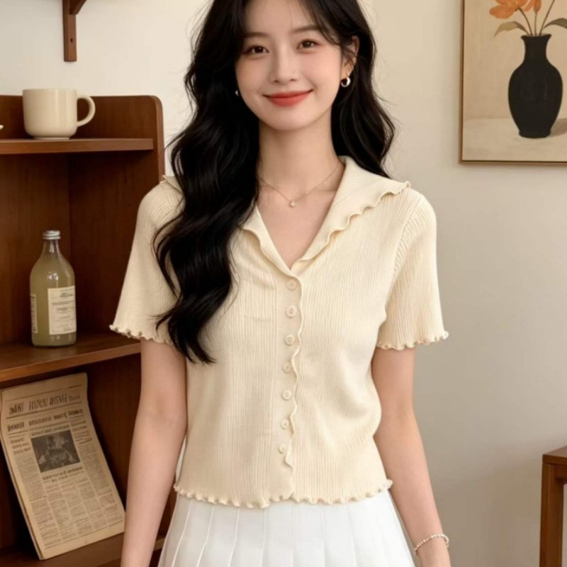 韩系纯欲风花边V领针织开衫女夏薄款坑条修身短款荷叶边短袖上衣图片