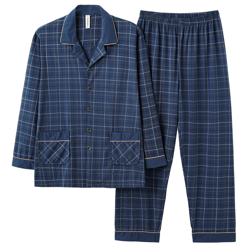 加肥加大码男睡衣春秋100纯棉长袖男睡衣中老年全棉家居服套装4XL