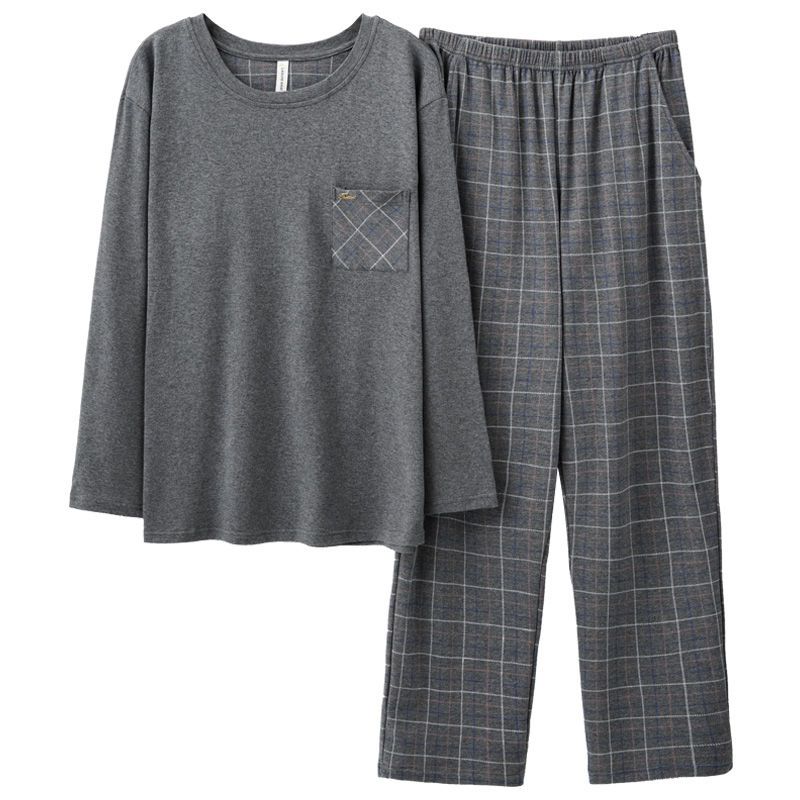 春秋款男士睡衣100纯棉长袖全棉大码套头简约家居服秋冬套装4XL