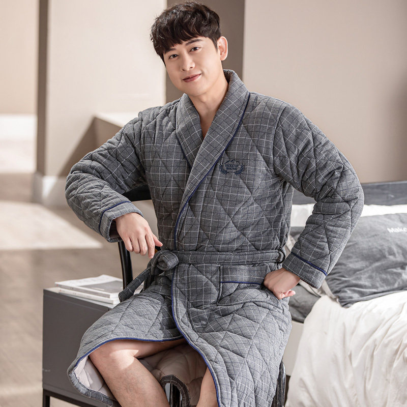 冬季男士睡袍浴袍加厚保暖睡衣100%纯棉夹棉长款大码全棉浴衣男款