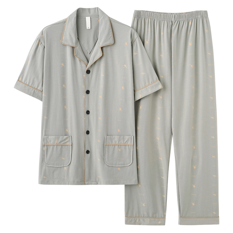 高档睡衣男夏季薄款100纯棉短袖长裤夏天全棉7A抗菌家居服套装4XL