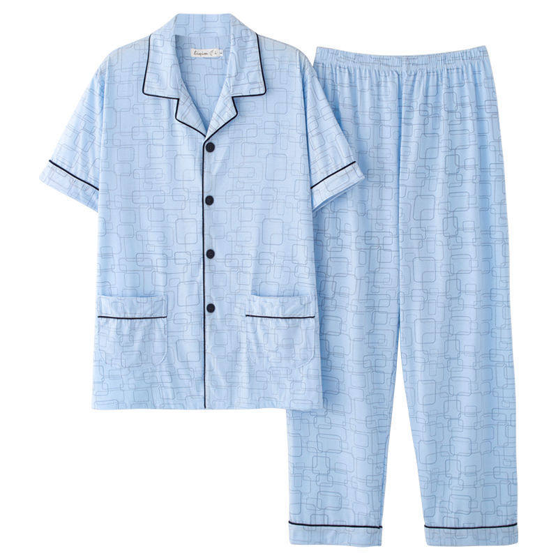 睡衣男夏季纯棉短袖长裤家居服男款夏款夏天薄款加肥加大套装4XL