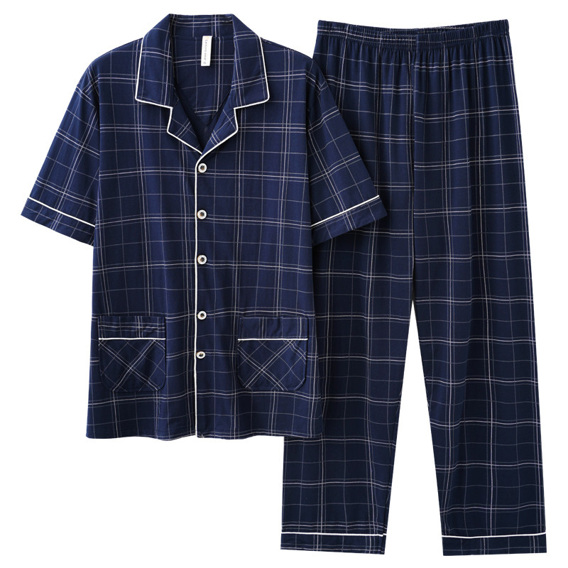 睡衣男夏季100%纯棉短袖长裤男士薄款大码半袖夏款家居服套装4XL