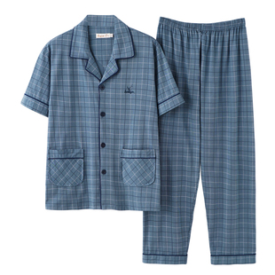 睡衣男夏季100%纯棉短袖长裤夏天男款全棉半袖加大码新疆棉家居服