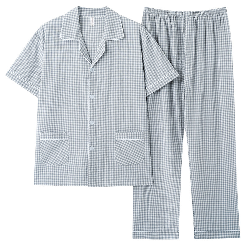 有裤门襟梭织棉布睡衣男士夏季100纯棉短袖全棉中老年家居服套装