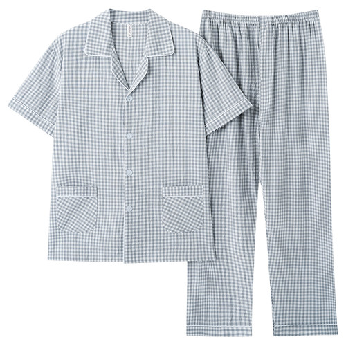 有裤门襟梭织棉布睡衣男士夏季100纯棉短袖全棉中老年家居服套装