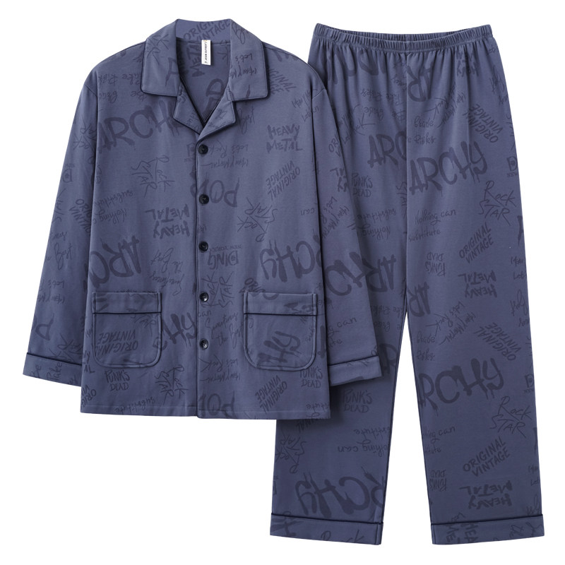 7A抗菌防螨睡衣男春秋款100纯棉长袖秋季男款加肥加大码家居服4XL