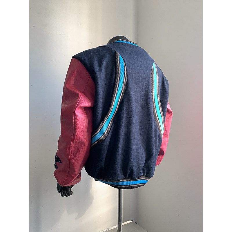 现货+hypeyourself美式PU皮拼毛呢植绒绣花棒球服外套W1316/P95,男装夹克,电商B350