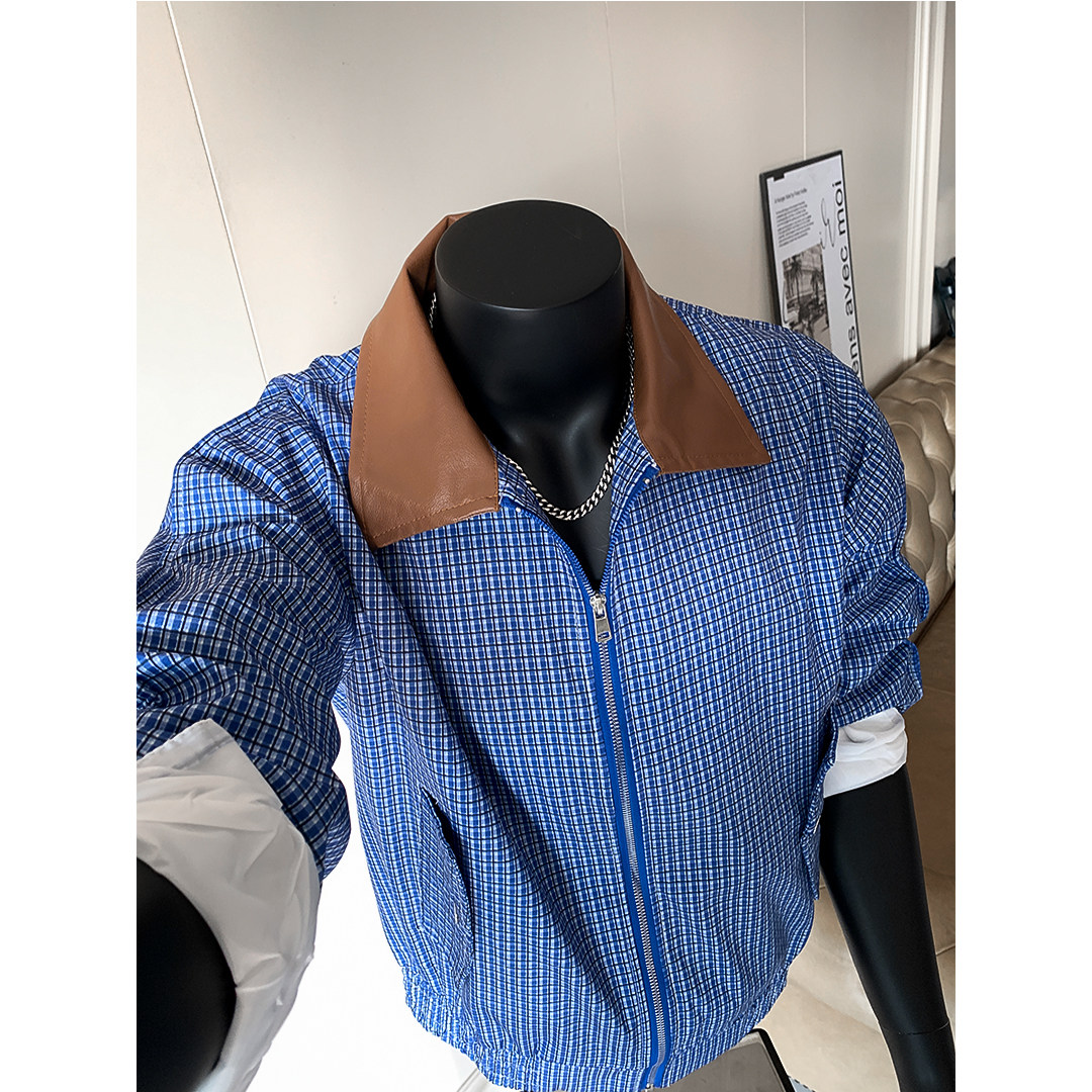 自家图+老钱风miu系千鸟格拼皮领垫肩夹克外套W1163/特P65,男装夹克,电商B350