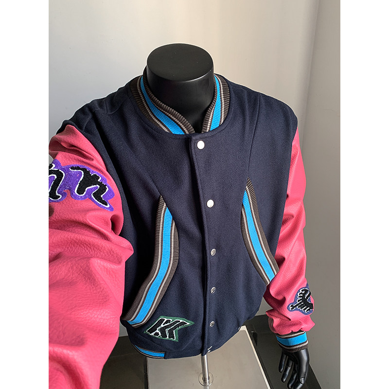 现货+hypeyourself美式PU皮拼毛呢植绒绣花棒球服外套W1316/P95,男装夹克,电商B350