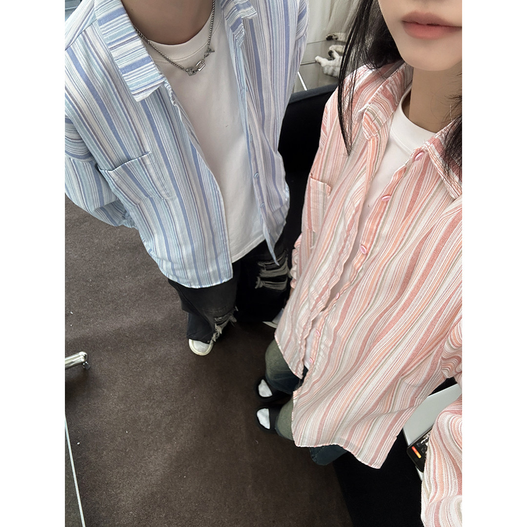 现货+秋款美式复古文艺小清新条纹长袖衬衫W829/P50限68,男装衬衫,电商B350