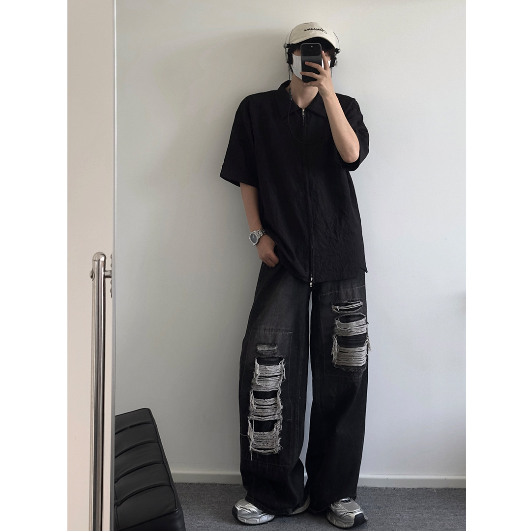 现货+夏款高级感肌理褶皱衬衣翻领拉链冰丝衬衫W821/P50限69,男装衬衫,电商B350
