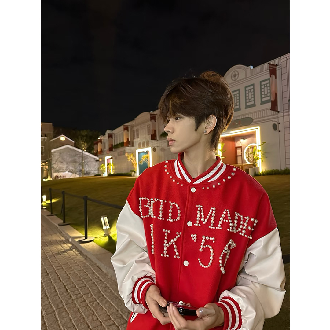 网图+现货毛呢拼皮珍珠钉美式棒球服夹克外套W1112/P80，男装夹克，电商B350