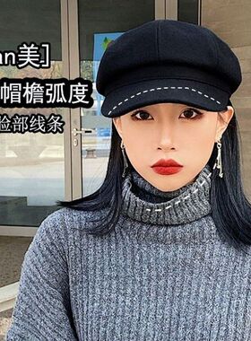 显脸小贝雷帽冬季百搭复古报童时装帽女士秋冬季时尚毛呢八角帽女