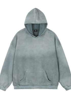 UPGREATED杨博文同款高克重水洗做旧渐变植染破坏短宽套头帽衫