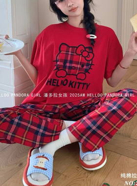 潘多拉女孩夏季新款针织纯棉卡通睡衣短袖长裤家居服套装26026