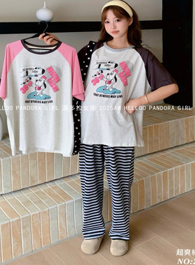 潘多拉女孩夏季新款针织纯棉卡通睡衣短袖长裤家居服套装26026