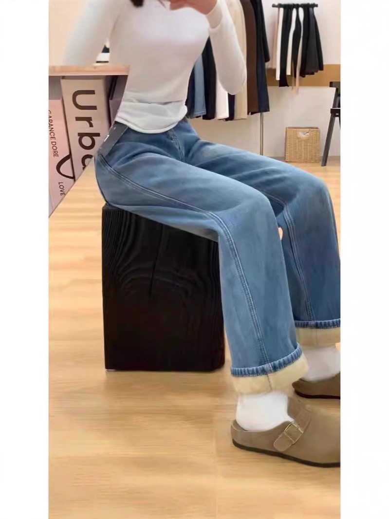 冬季复古蓝加绒直筒牛仔裤女士显瘦阔腿裤子