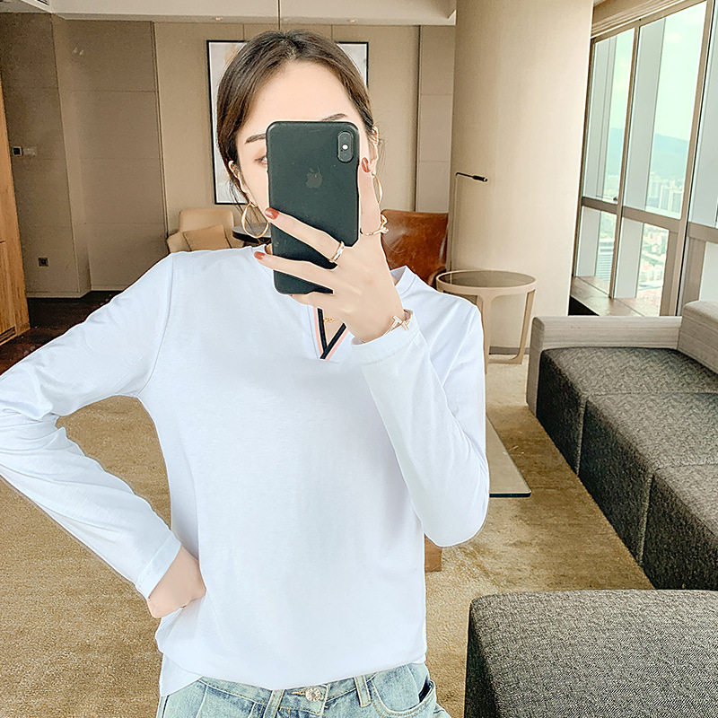 2026早秋季棉质V领长袖t恤女韩版修身打底衫显瘦上衣