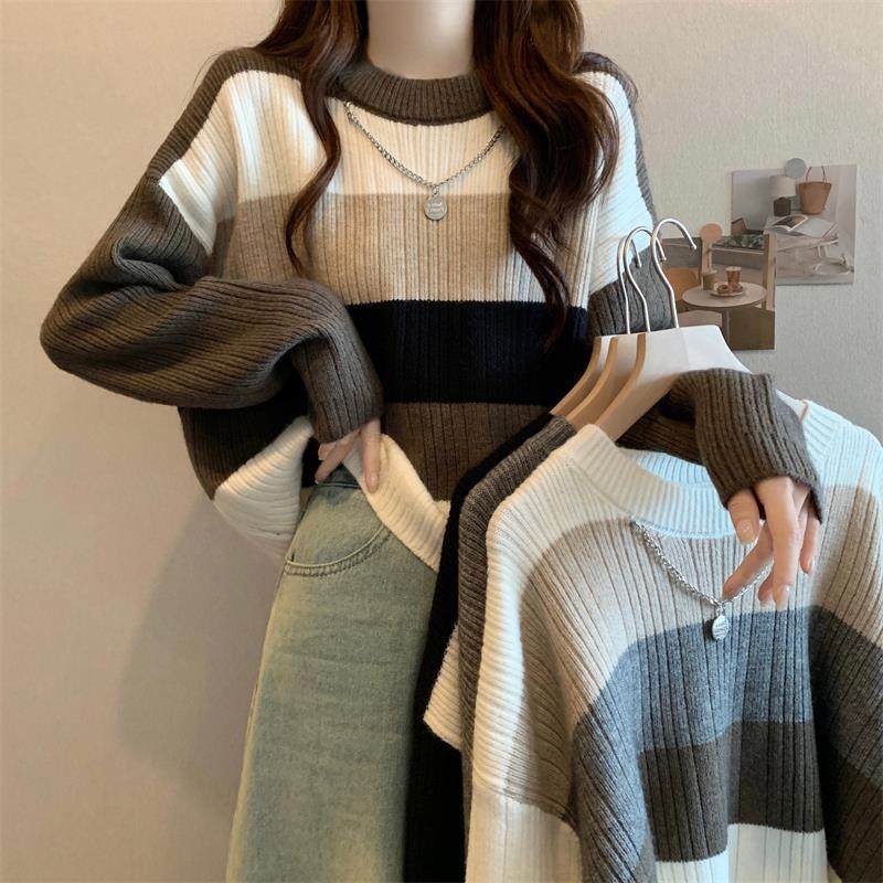 冬季复古宽松慵懒条纹针织打底衫韩版女士内搭毛衣